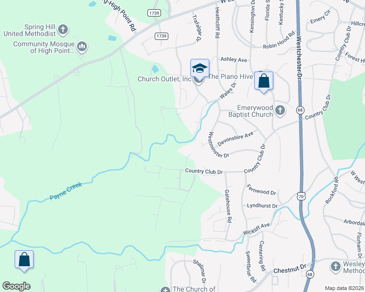 map of restaurants, bars, coffee shops, grocery stores, and more near 1732 Country Club Drive in High Point