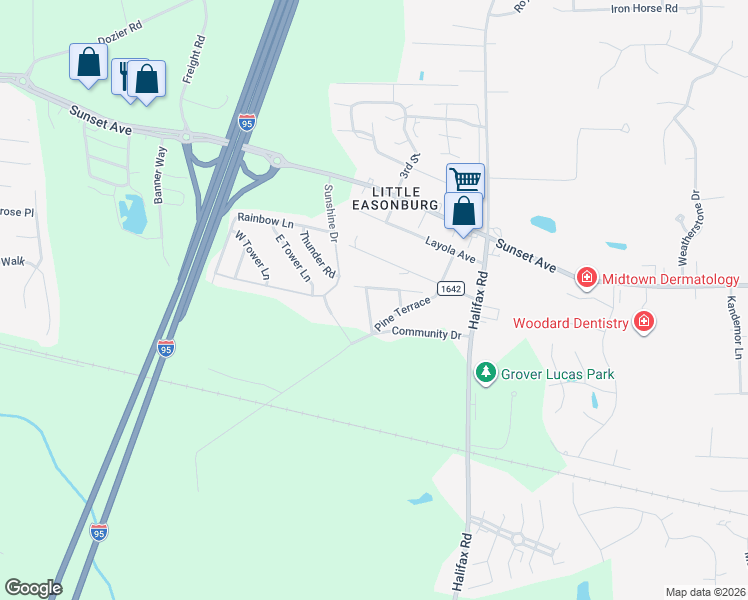 map of restaurants, bars, coffee shops, grocery stores, and more near 4304 Jacobs Avenue in Rocky Mount
