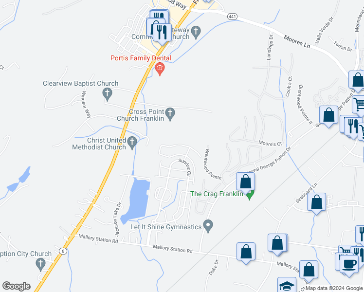 map of restaurants, bars, coffee shops, grocery stores, and more near 7111 Sunrise Circle in Franklin