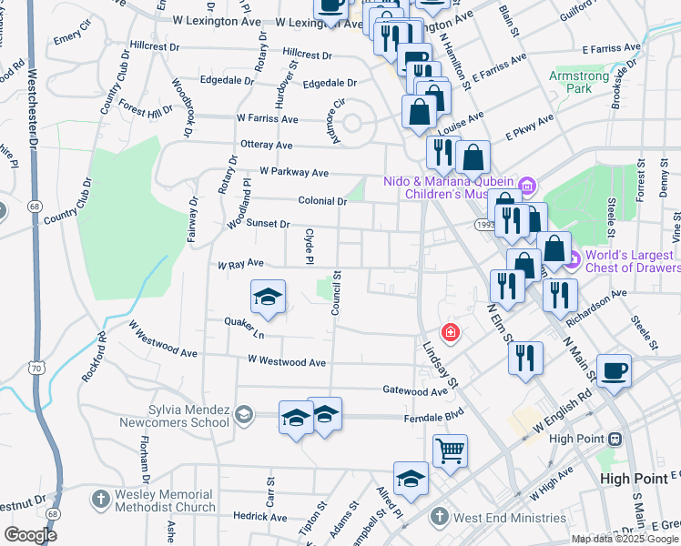 map of restaurants, bars, coffee shops, grocery stores, and more near 1102 Council Street in High Point