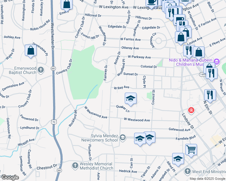 map of restaurants, bars, coffee shops, grocery stores, and more near 1122 North Rotary Drive in High Point