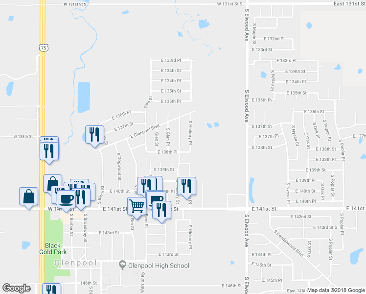 map of restaurants, bars, coffee shops, grocery stores, and more near 13803 South Hickory Street in Glenpool