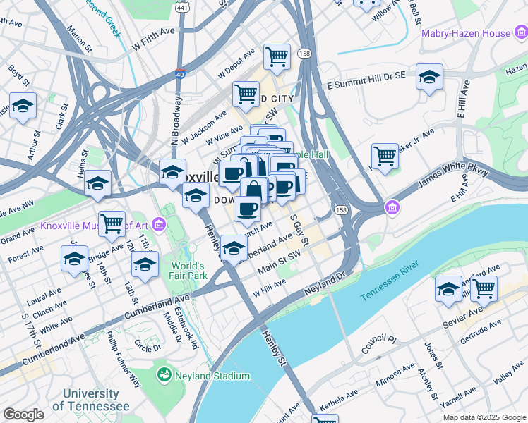 map of restaurants, bars, coffee shops, grocery stores, and more near 414 West Church Avenue in Knoxville