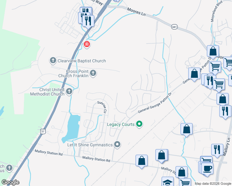 map of restaurants, bars, coffee shops, grocery stores, and more near 1834 Brentwood Pointe in Franklin
