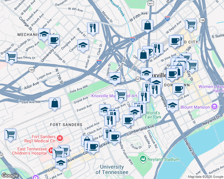 map of restaurants, bars, coffee shops, grocery stores, and more near 1302 Grand Avenue in Knoxville