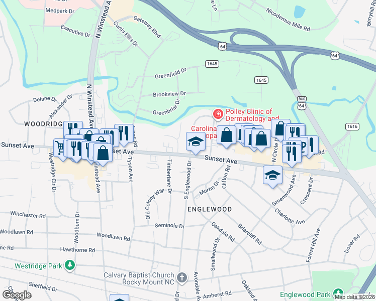 map of restaurants, bars, coffee shops, grocery stores, and more near 3200 Sunset Avenue in Rocky Mount