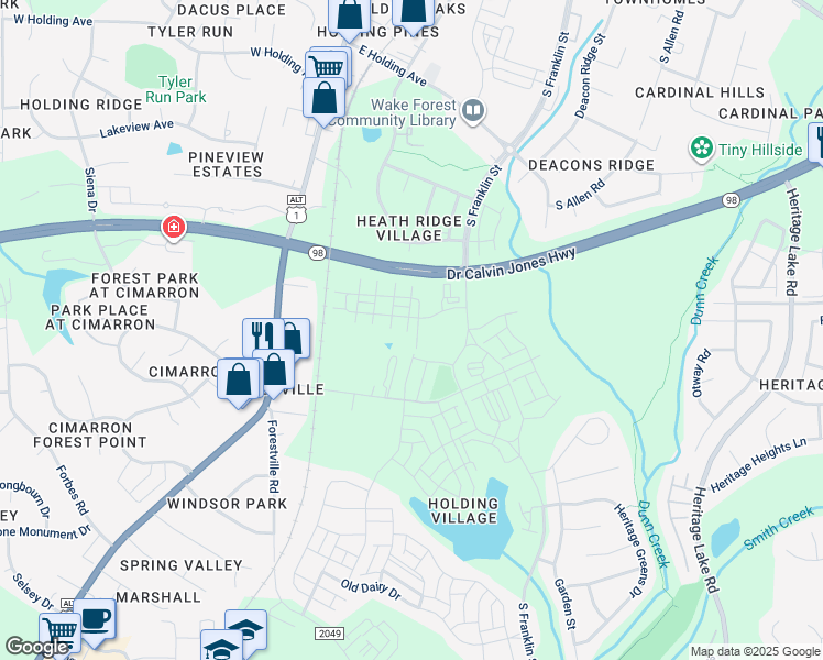 map of restaurants, bars, coffee shops, grocery stores, and more near 1210 Holding Village Way in Wake Forest