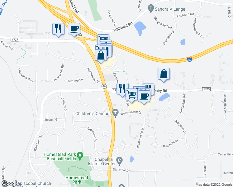 map of restaurants, bars, coffee shops, grocery stores, and more near 1165 Weaver Dairy Road in Chapel Hill