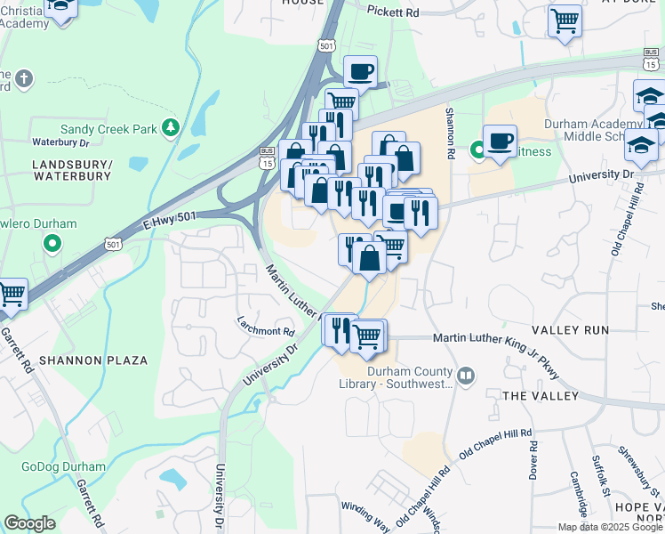 map of restaurants, bars, coffee shops, grocery stores, and more near 3500 Westgate Drive in Durham