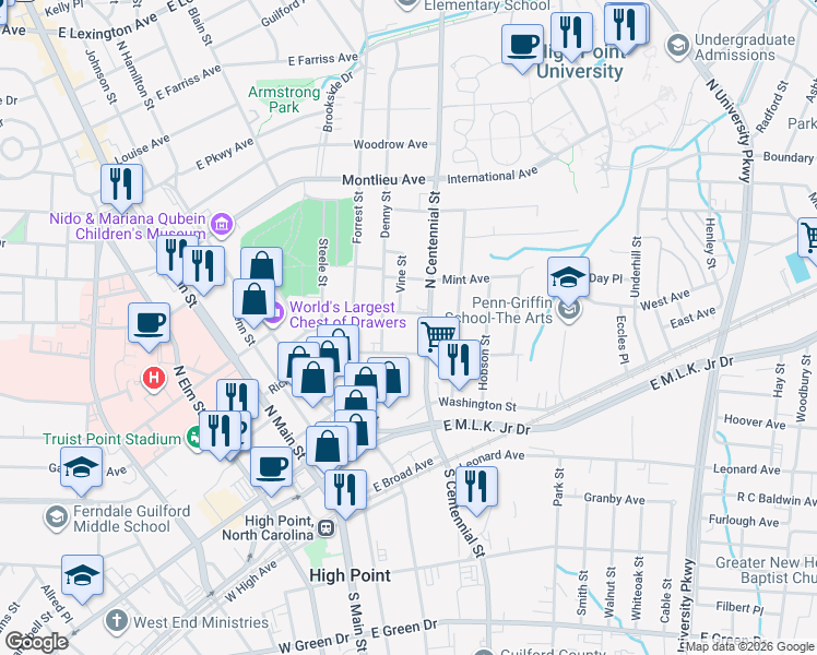 map of restaurants, bars, coffee shops, grocery stores, and more near 315 North Centennial Street in High Point