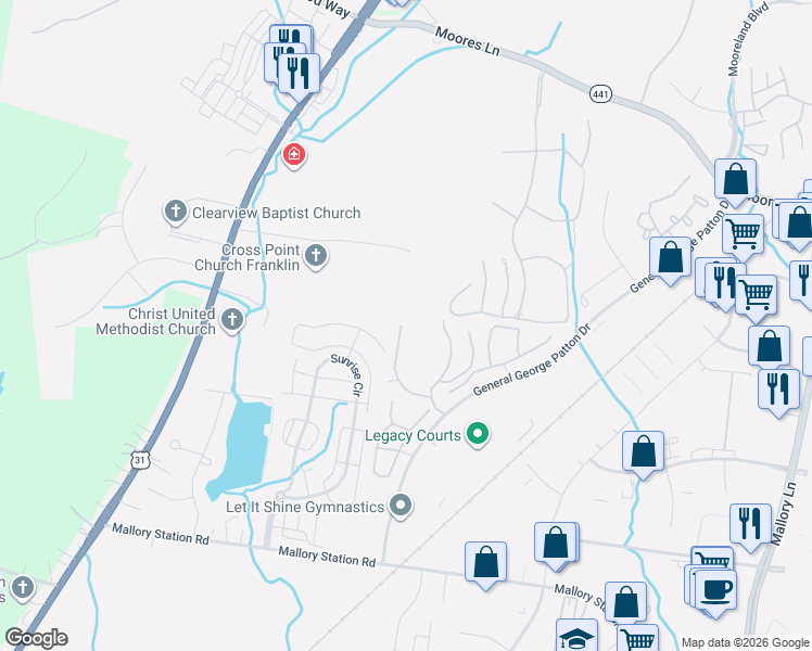 map of restaurants, bars, coffee shops, grocery stores, and more near 1834 Brentwood Point in Franklin