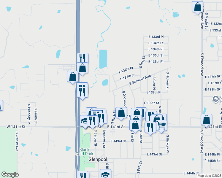 map of restaurants, bars, coffee shops, grocery stores, and more near 137 East Glenpool Boulevard in Glenpool