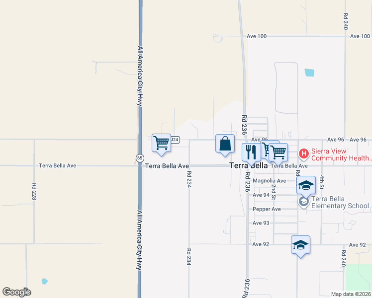 map of restaurants, bars, coffee shops, grocery stores, and more near 23401-23521 County Road J24 in Terra Bella