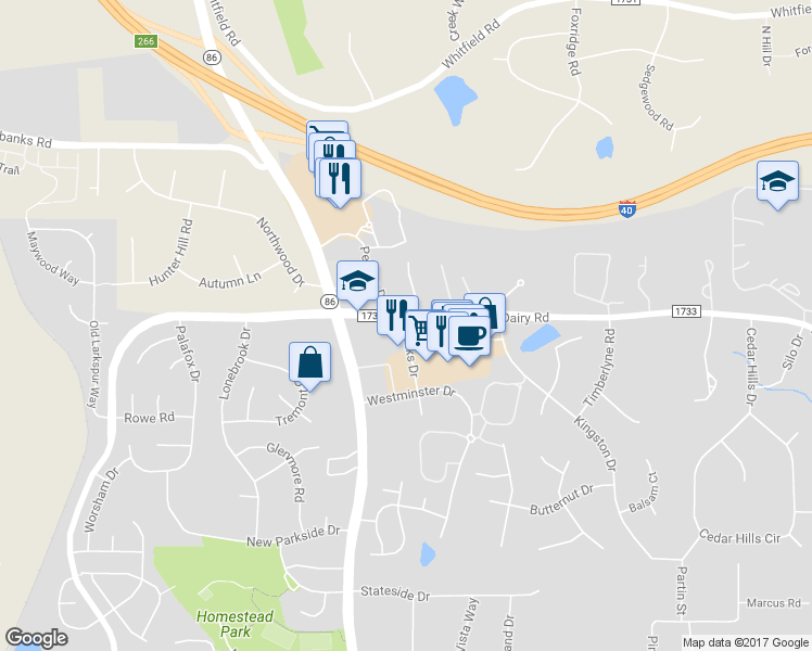 map of restaurants, bars, coffee shops, grocery stores, and more near 110 Banks Drive in Chapel Hill