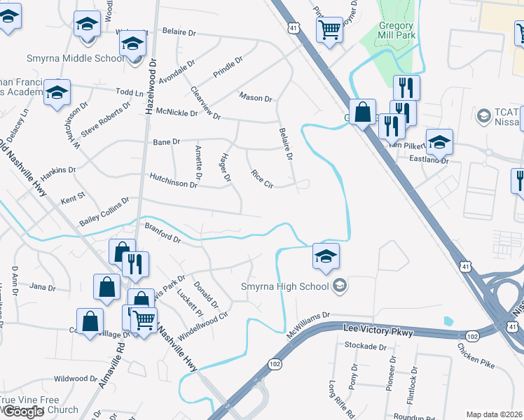 map of restaurants, bars, coffee shops, grocery stores, and more near 141 Bailey Collins Drive in Smyrna