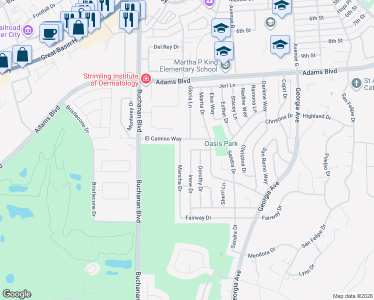 map of restaurants, bars, coffee shops, grocery stores, and more near 1503 Mancha Drive in Boulder City