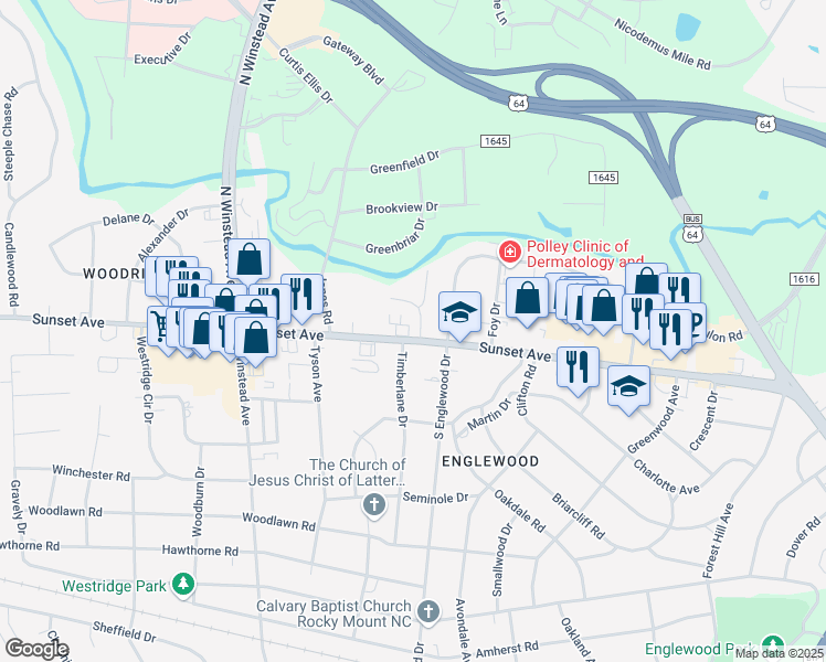 map of restaurants, bars, coffee shops, grocery stores, and more near 3208 Sunset Avenue in Rocky Mount