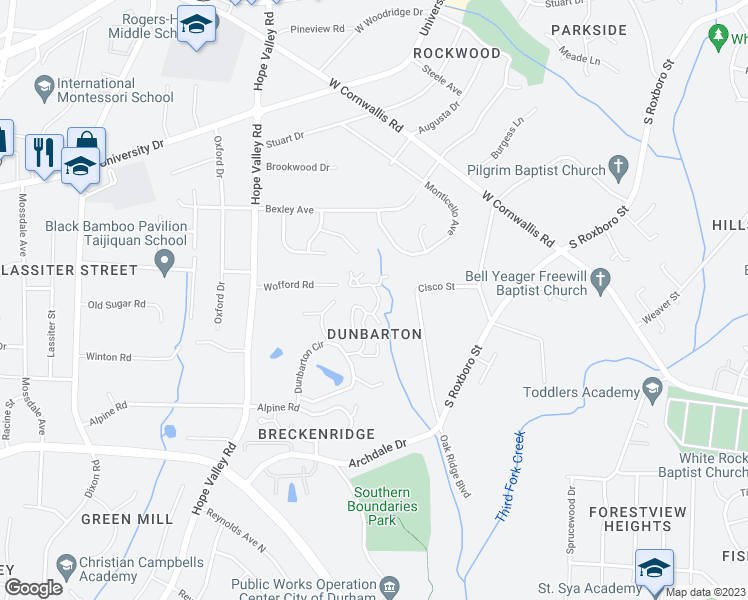 map of restaurants, bars, coffee shops, grocery stores, and more near 119 Montrose Drive in Durham
