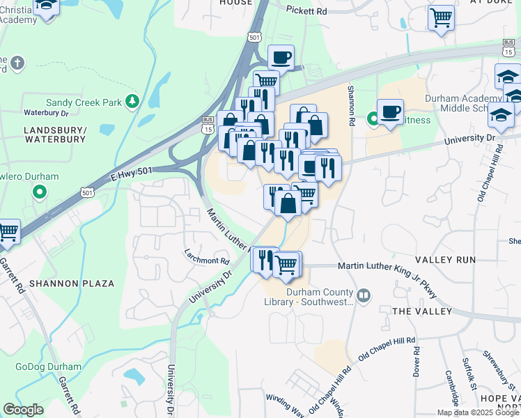 map of restaurants, bars, coffee shops, grocery stores, and more near 3518 Westgate Drive in Durham