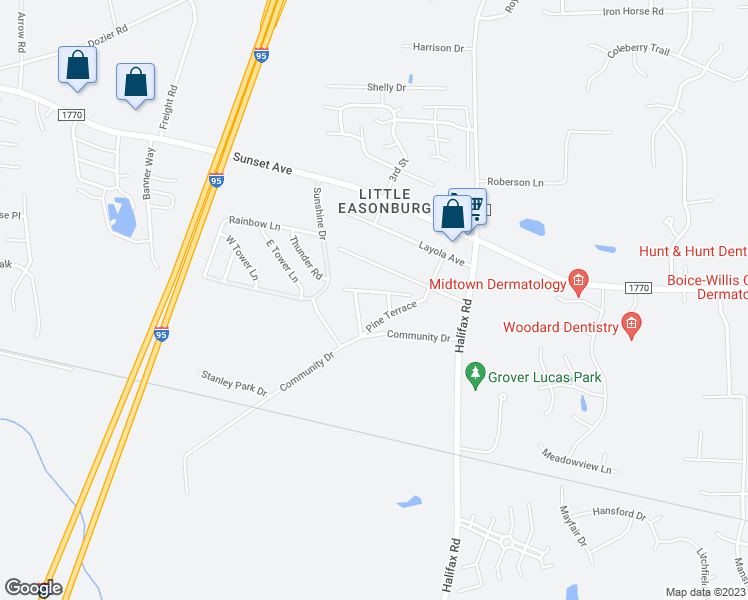 map of restaurants, bars, coffee shops, grocery stores, and more near 4313 Jacobs Avenue in Rocky Mount