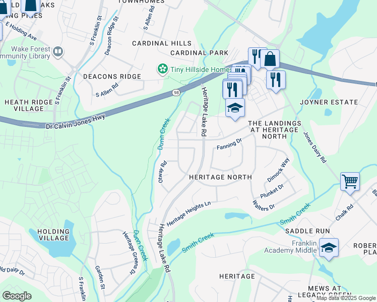 map of restaurants, bars, coffee shops, grocery stores, and more near 1112 Heritage Knoll Drive in Wake Forest