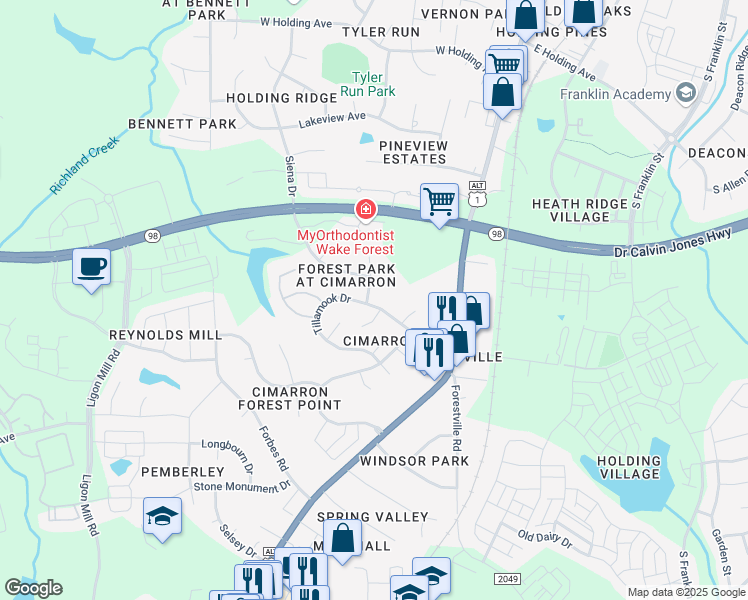 map of restaurants, bars, coffee shops, grocery stores, and more near 238 Tillamook Drive in Wake Forest