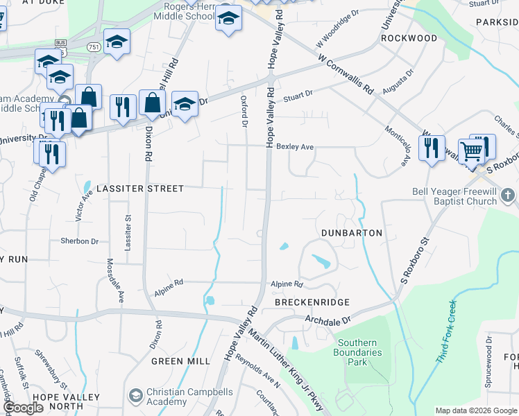 map of restaurants, bars, coffee shops, grocery stores, and more near 3128 Hope Valley Road in Durham