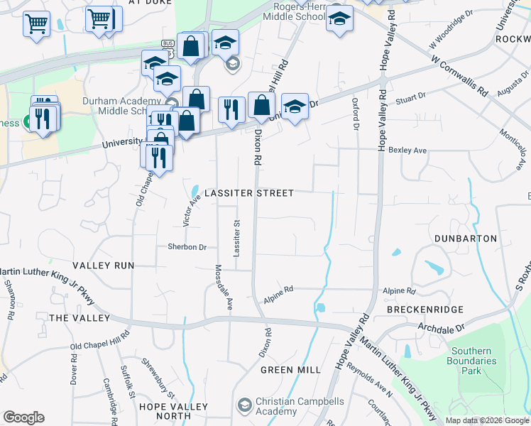 map of restaurants, bars, coffee shops, grocery stores, and more near 2736 Old Sugar Road in Durham