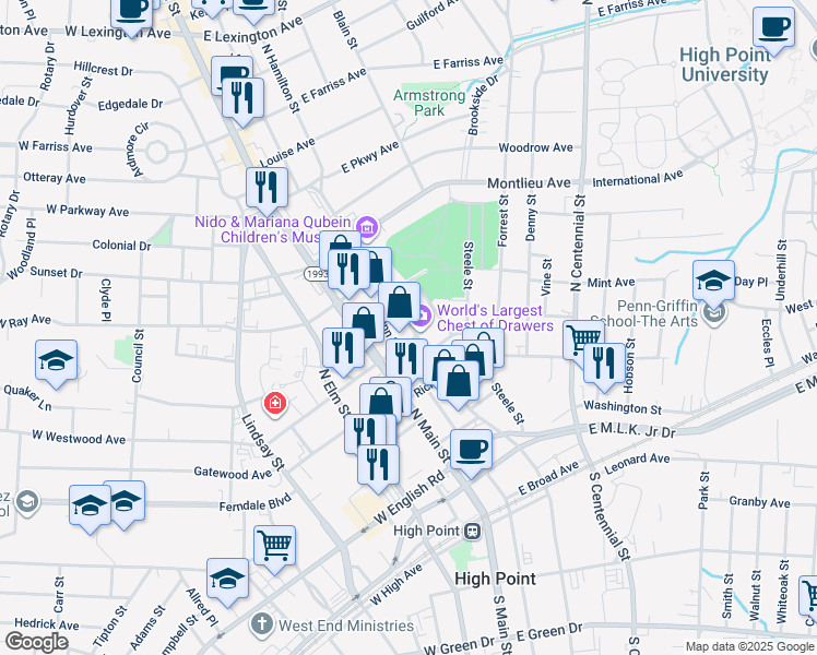 map of restaurants, bars, coffee shops, grocery stores, and more near 531 North Hamilton Street in High Point