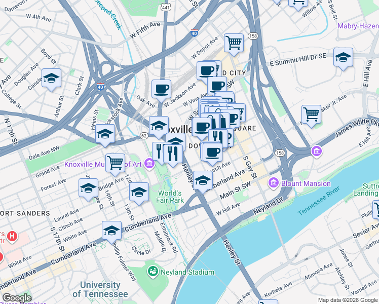 map of restaurants, bars, coffee shops, grocery stores, and more near 415 Locust Street in Knoxville