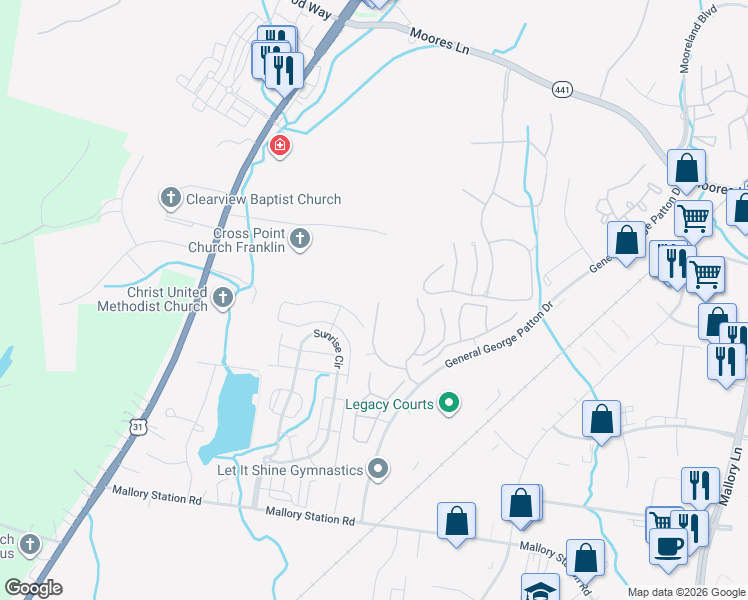 map of restaurants, bars, coffee shops, grocery stores, and more near 1834 Brentwood Point in Franklin