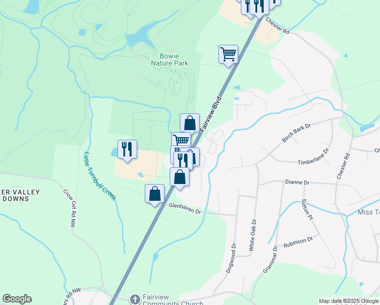 map of restaurants, bars, coffee shops, grocery stores, and more near 2380 Fairview Boulevard West in Fairview