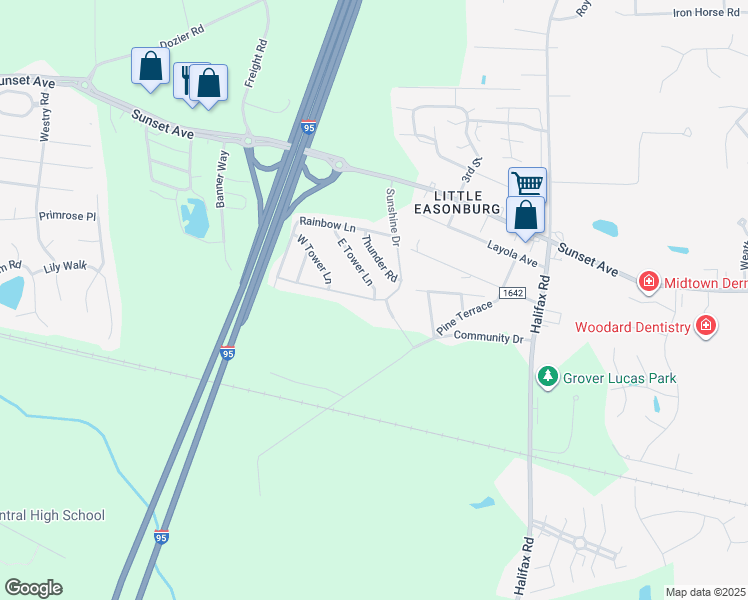 map of restaurants, bars, coffee shops, grocery stores, and more near 400 Sunshine Drive in Rocky Mount