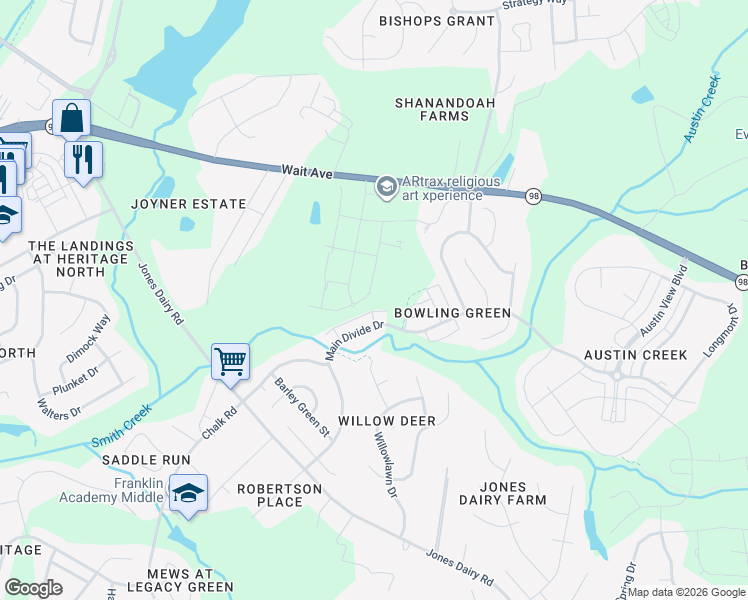 map of restaurants, bars, coffee shops, grocery stores, and more near 665 Morning Glade Street in Wake Forest