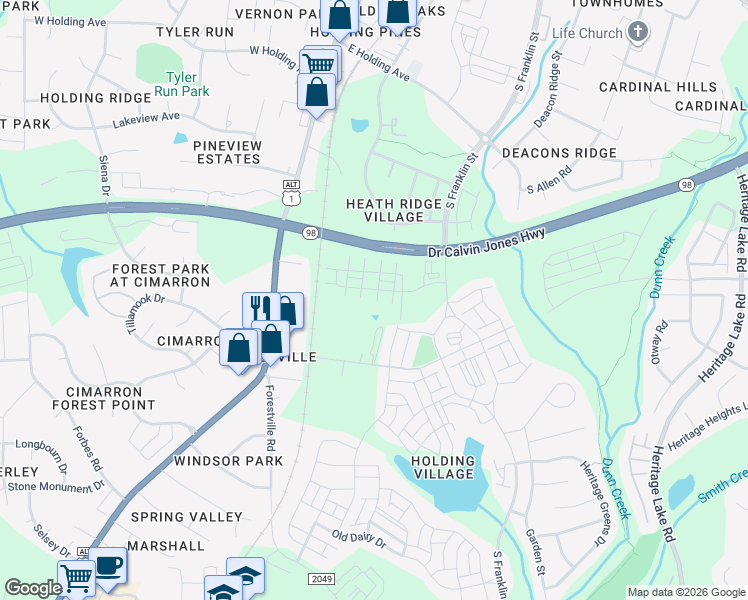 map of restaurants, bars, coffee shops, grocery stores, and more near Doctor Calvin Jones Highway in Wake Forest