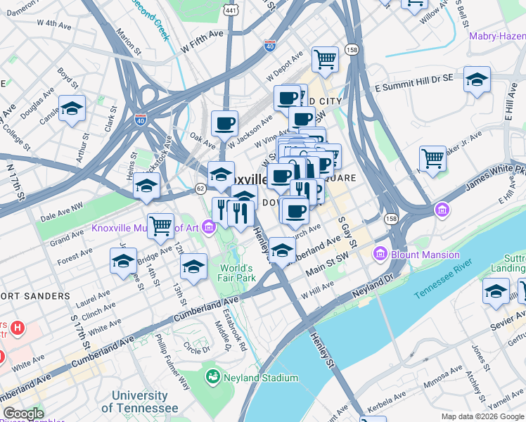 map of restaurants, bars, coffee shops, grocery stores, and more near 415 Locust Street in Knoxville