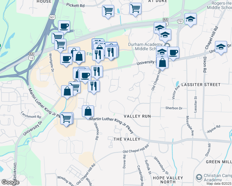 map of restaurants, bars, coffee shops, grocery stores, and more near 3216 Myra Street in Durham