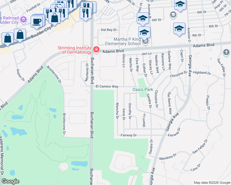 map of restaurants, bars, coffee shops, grocery stores, and more near 1503 Mancha Drive in Boulder City