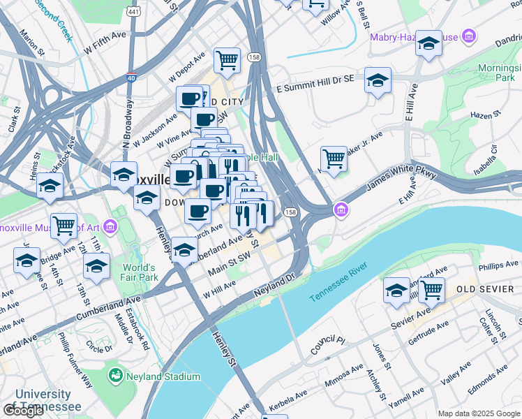 map of restaurants, bars, coffee shops, grocery stores, and more near 199 West Church Avenue in Knoxville