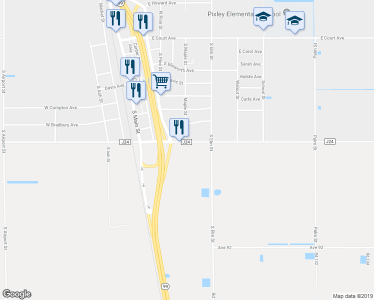 map of restaurants, bars, coffee shops, grocery stores, and more near 735 East Terra Bella Avenue in Pixley