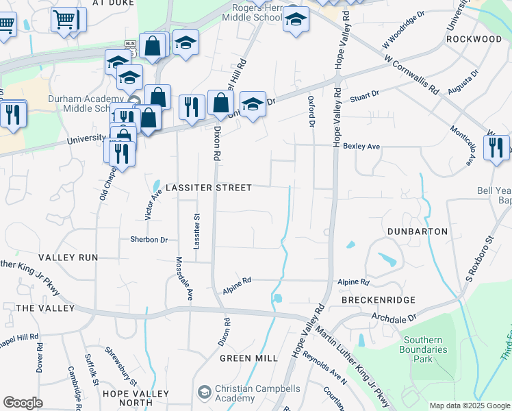 map of restaurants, bars, coffee shops, grocery stores, and more near 2720 Old Sugar Road in Durham