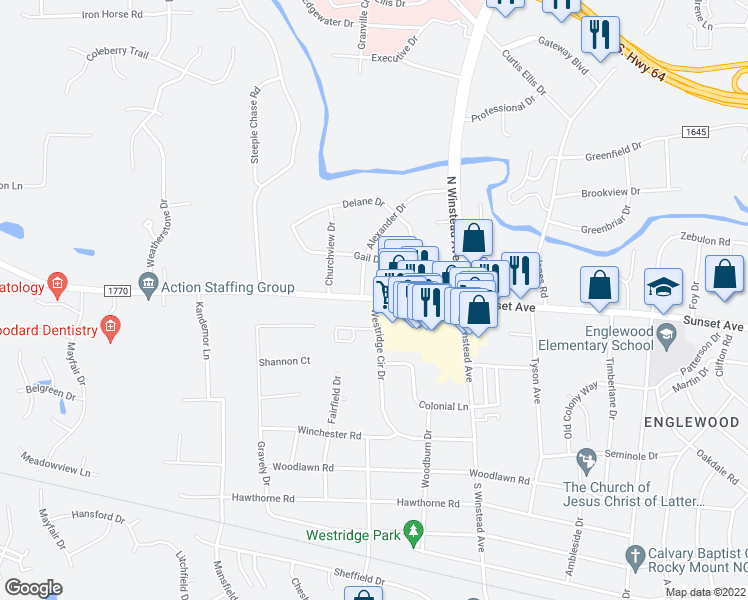 map of restaurants, bars, coffee shops, grocery stores, and more near 3649 Sunset Ave in Rocky Mt