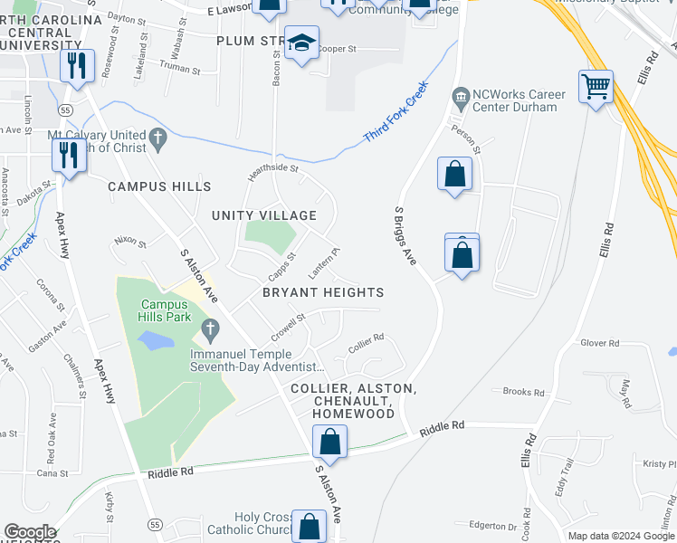 map of restaurants, bars, coffee shops, grocery stores, and more near 1513 Pomona Drive in Durham