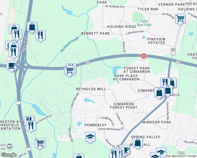 map of restaurants, bars, coffee shops, grocery stores, and more near 1512 Penstock Lane in Wake Forest