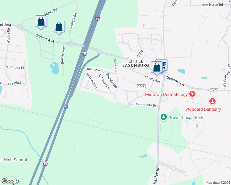 map of restaurants, bars, coffee shops, grocery stores, and more near 201-299 E Tower Ln in Rocky Mt