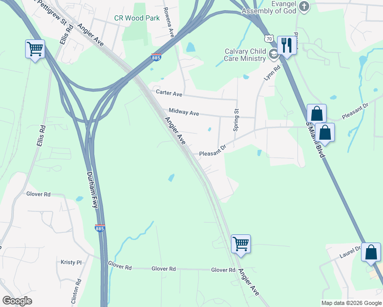 map of restaurants, bars, coffee shops, grocery stores, and more near 918 Pleasant Drive in Durham