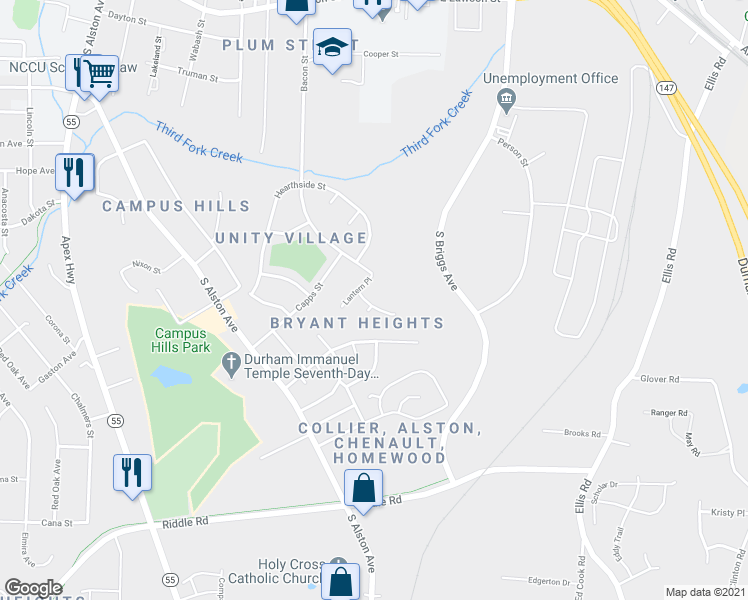map of restaurants, bars, coffee shops, grocery stores, and more near 1513 Pomona Drive in Durham