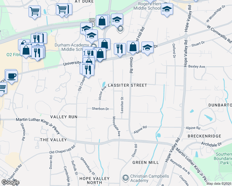 map of restaurants, bars, coffee shops, grocery stores, and more near 3215 Mossdale Avenue in Durham