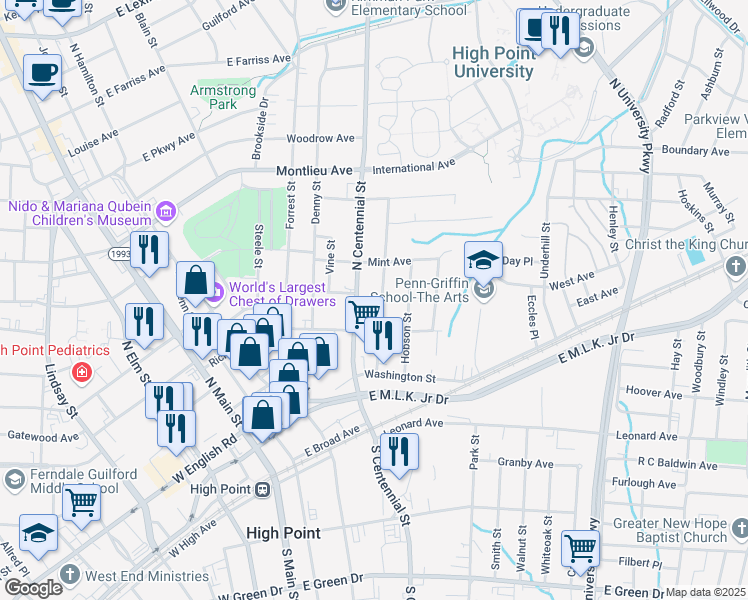 map of restaurants, bars, coffee shops, grocery stores, and more near 316 4th Street in High Point