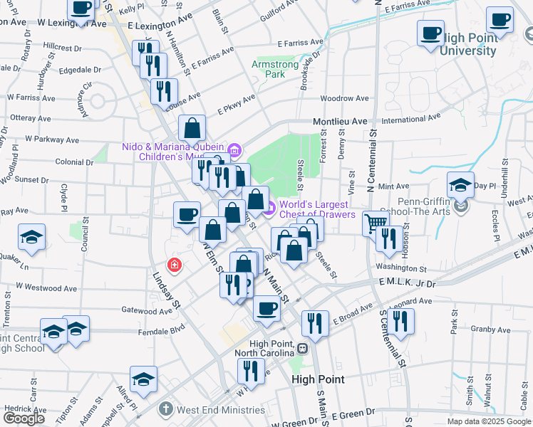 map of restaurants, bars, coffee shops, grocery stores, and more near 518 North Hamilton Street in High Point